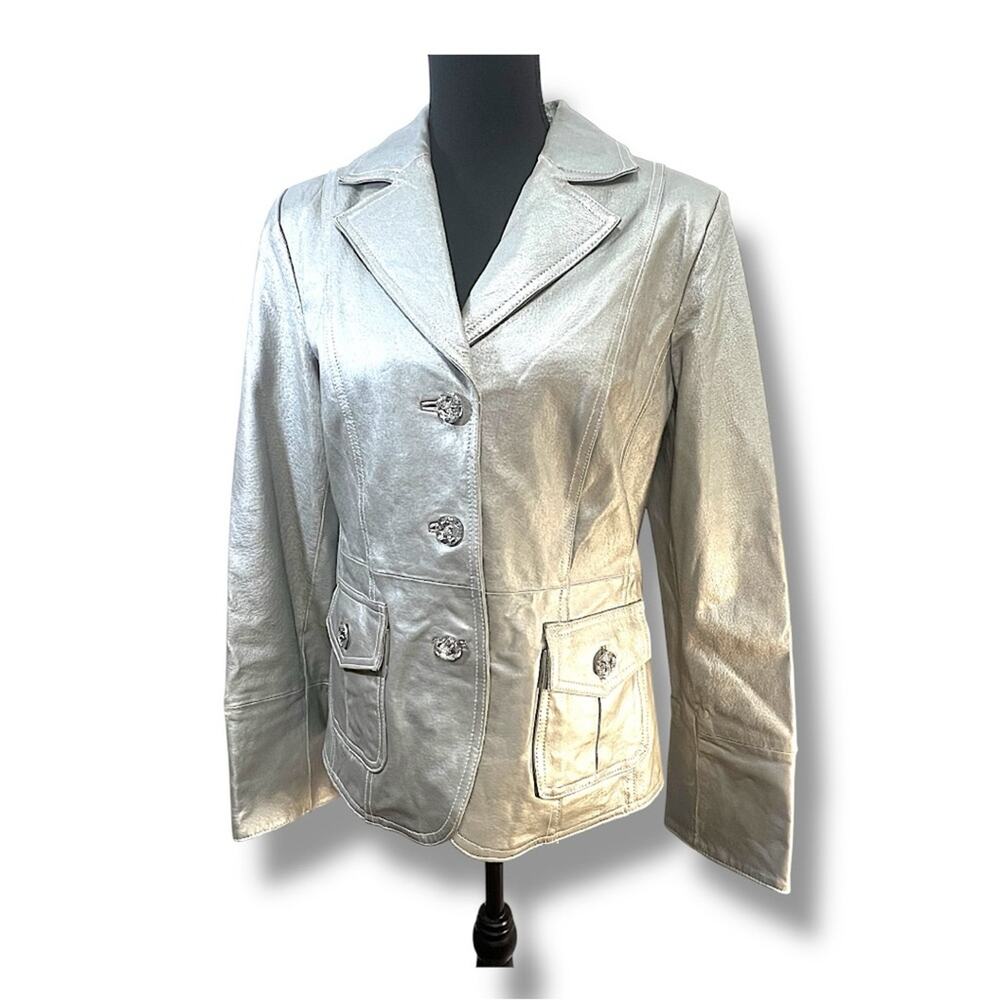 BRADLEY Elegant Silver Metallic Leather Oversize Rhinestone Buttons Jacket M